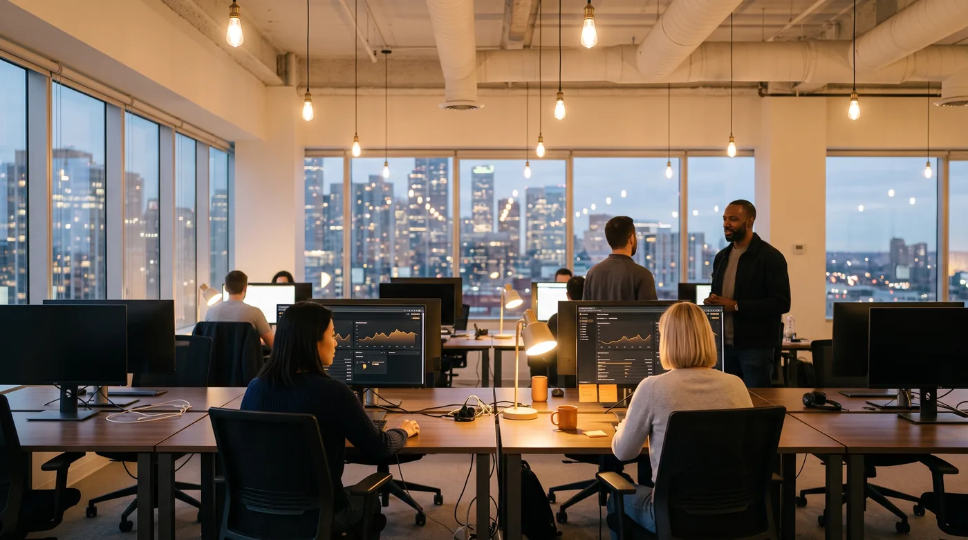 A team working at their desks in a warmly lit open plan office in the evening